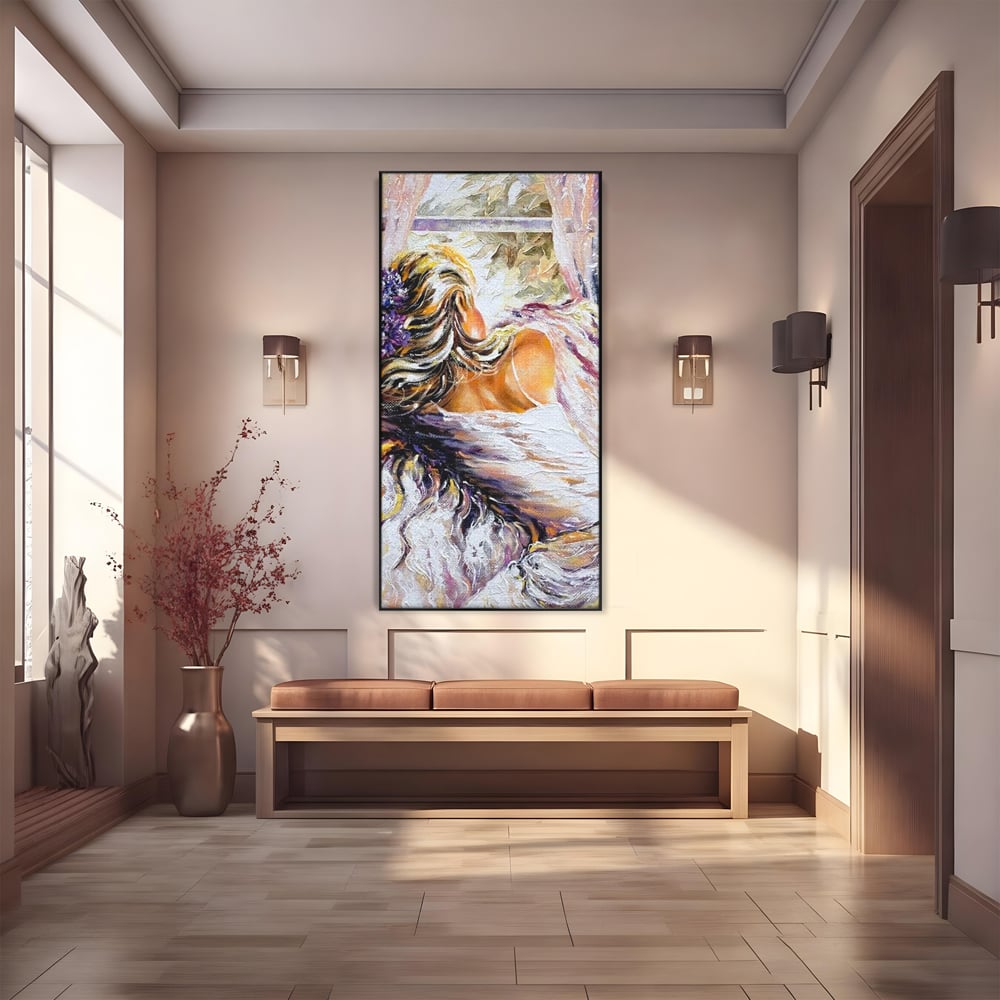Tablou canvas cu tablou canvas cu femeie privind pe fereastra, in rama de aluminiu negru